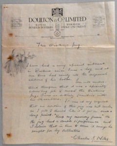 a hand written letter by charles noke regarding the dickens dream jug he designed.